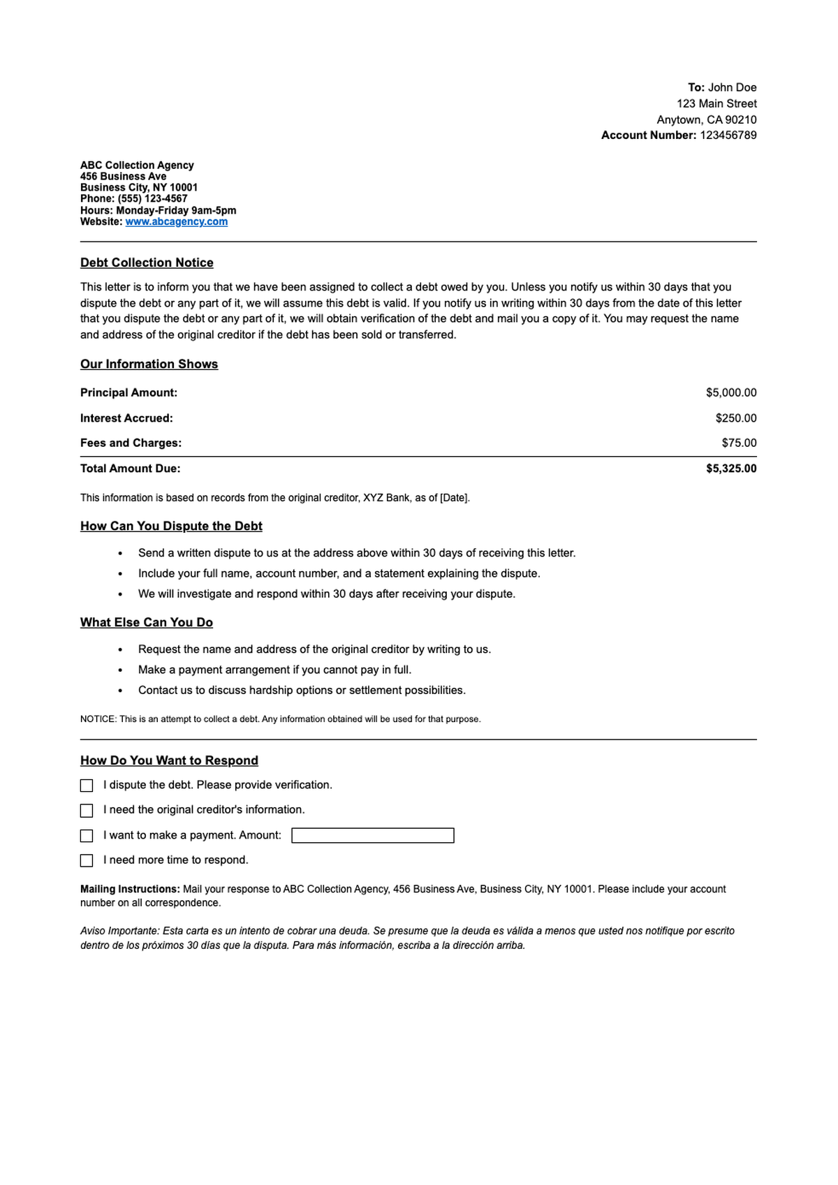 Debt collection notice from North South Group with dispute instructions and payment options_variant_2